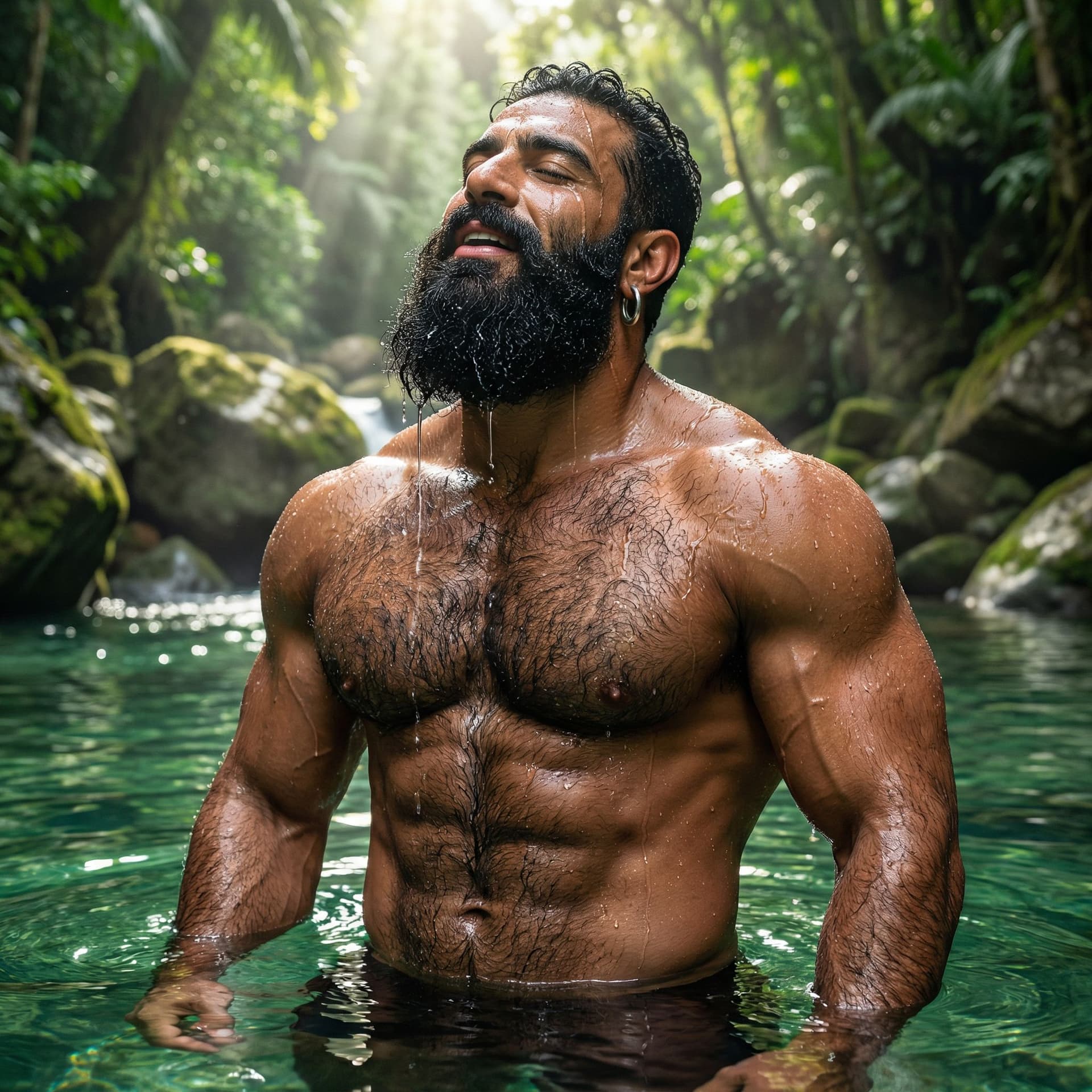 AI generated: Hyper-realistic portrait of an extremely muscular, rugged Middle-Eastern man in his early 30s, stand...