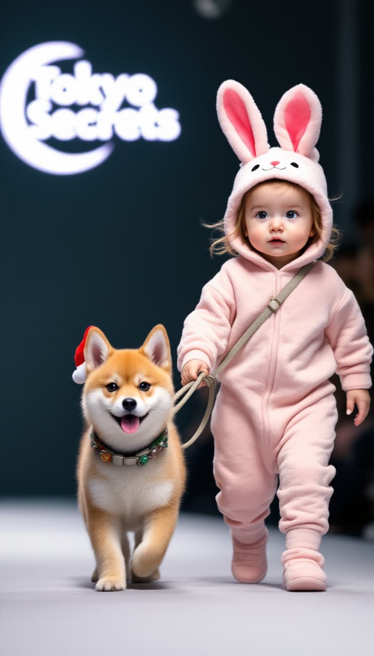 AI generated: A baby dressed in bunny pajamas leads a pet Shiba inu puppy  on a leash while walking at a Tokyo fas...