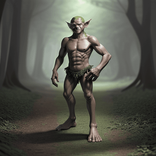 AI generated: good looking, DnD goblin with very big feet in a forest,