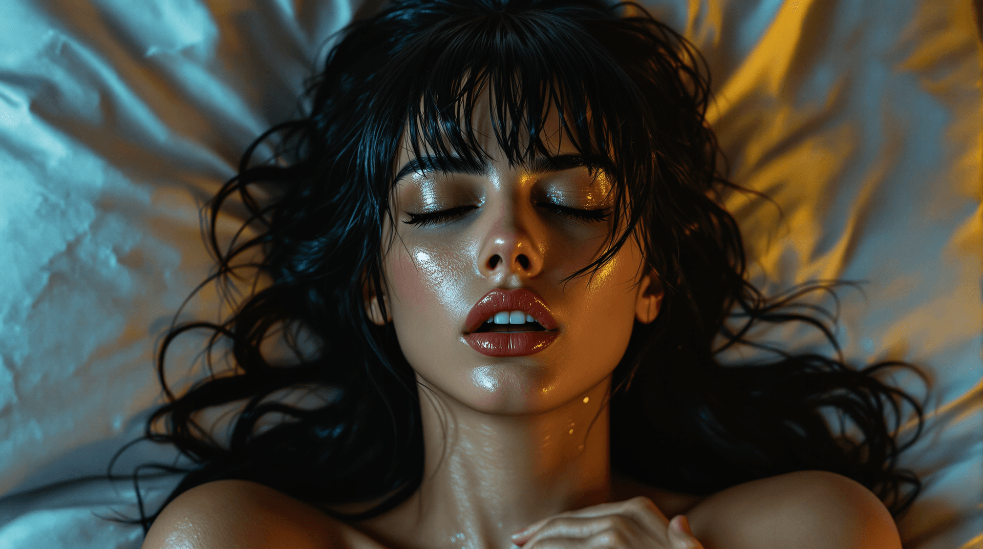AI generated: extreme high angle, extreme close-up photo of a stunning woman (Lilith) in bed . Her raven tresses c...