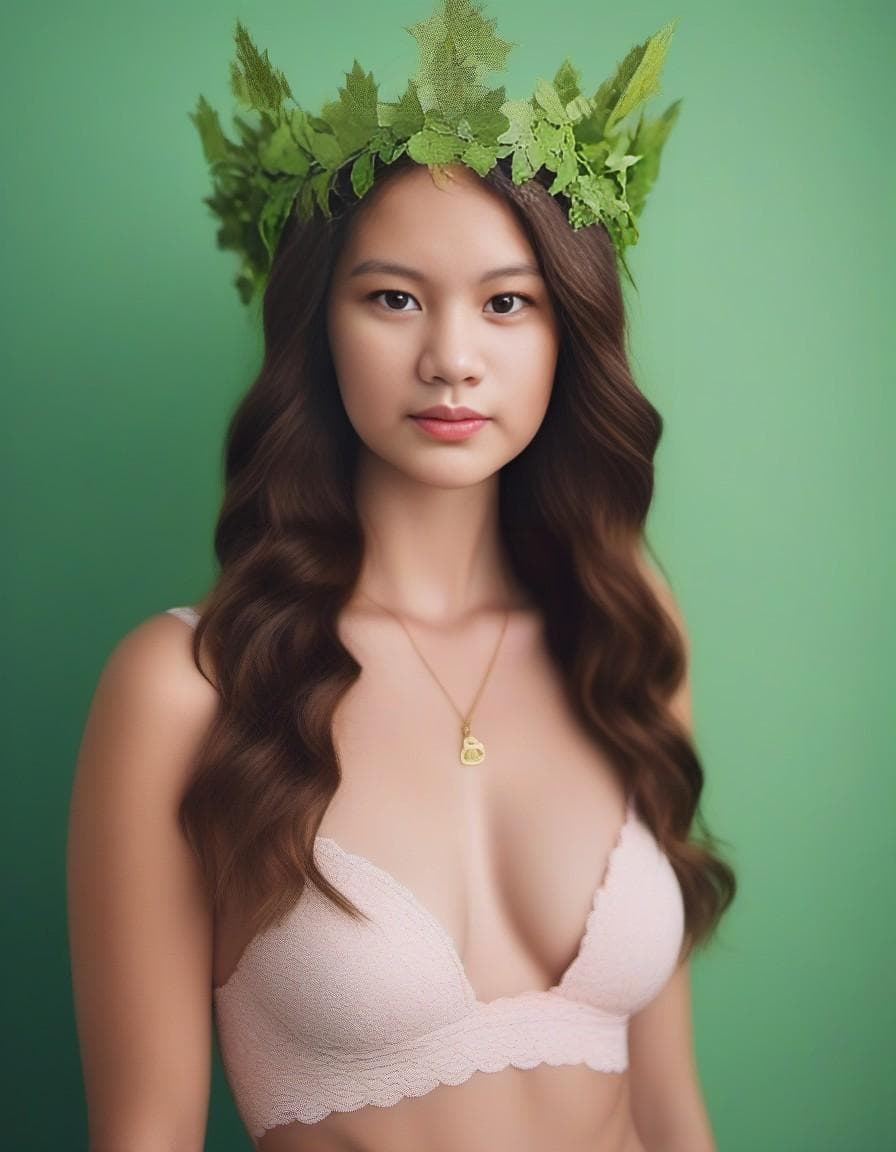 AI generated: 1 girl, solo, long hair,green collar, light green hair, freckles, bra made with vines , wearing a cr...