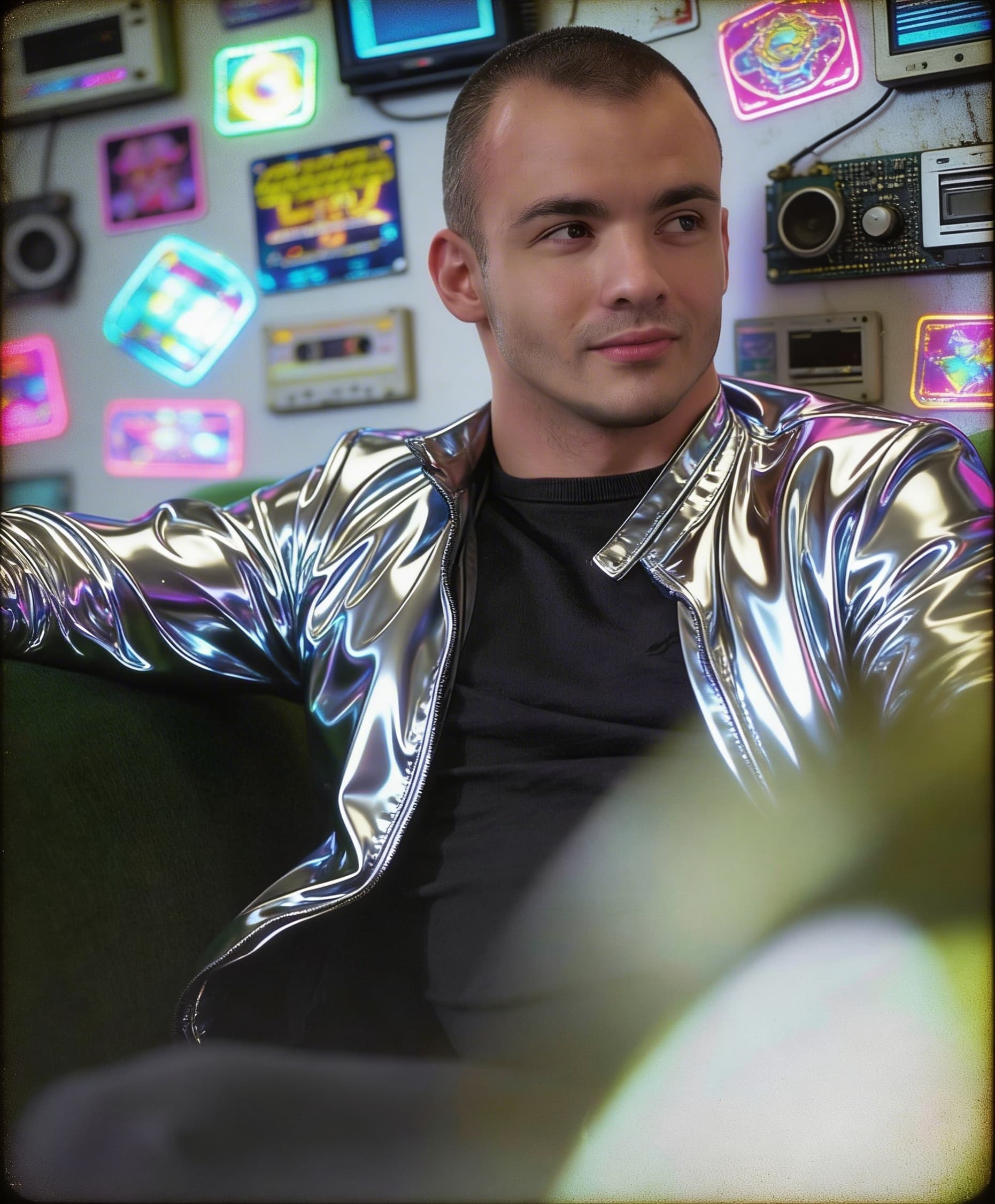 AI generated: Without changing the original face and facial features, place the person in a 1990s retro-futuristic...