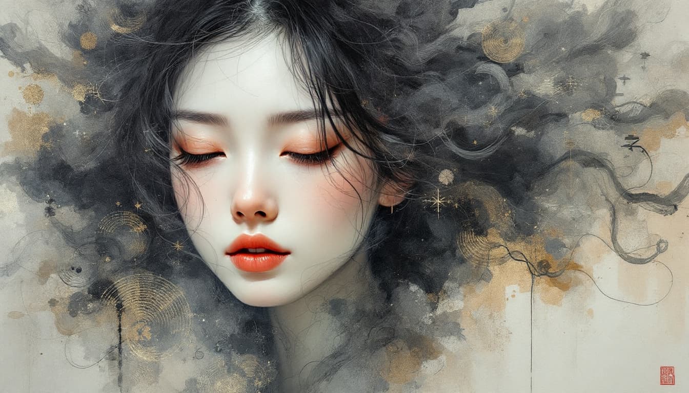 AI generated: a dreamy, abstract painting artwork portrait of a japanese woman 25 years old with her head in full ...