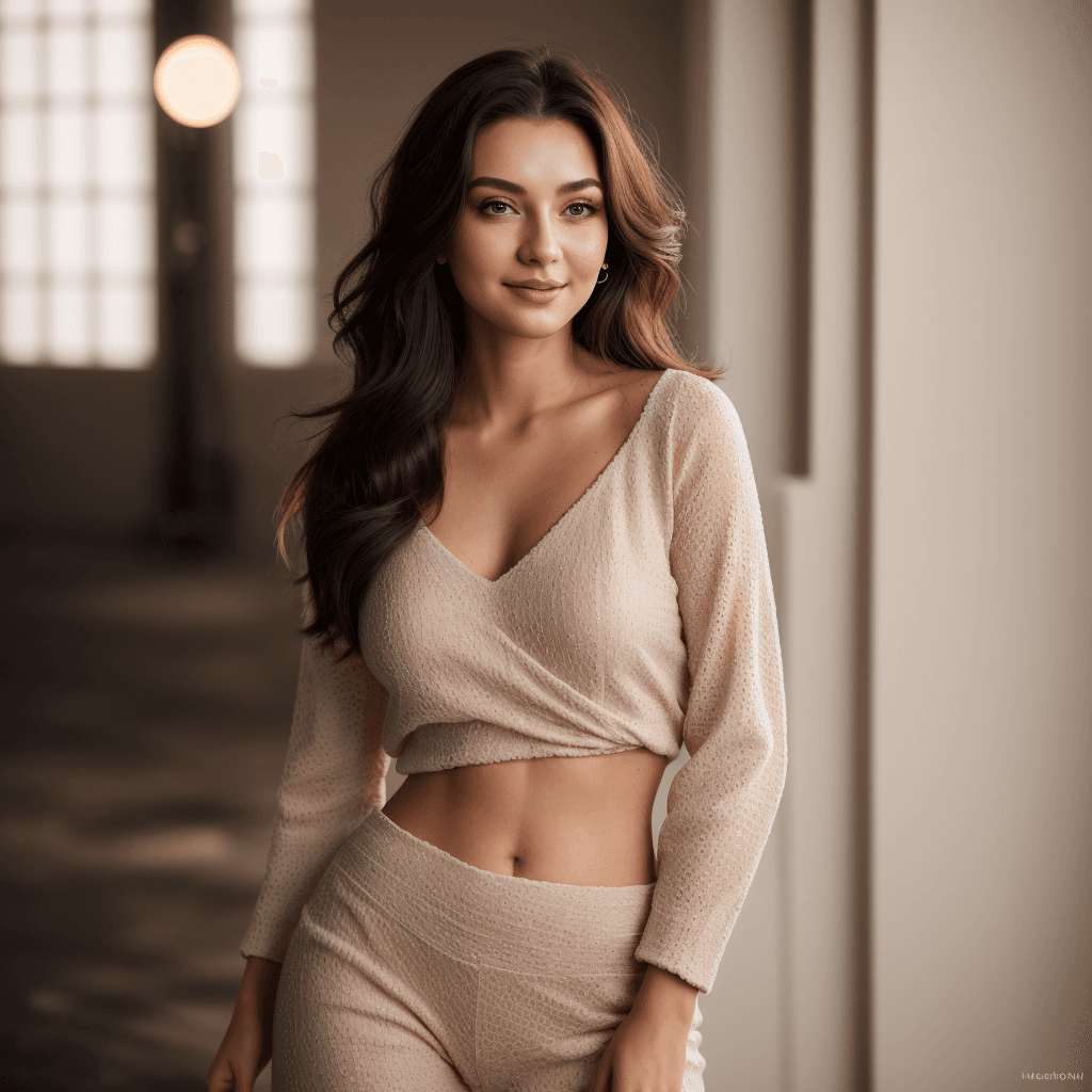 AI generated: Super-Realistic potrait of Nataliya Aleksandrov standing at photoshoot location, worn a detailed tex...