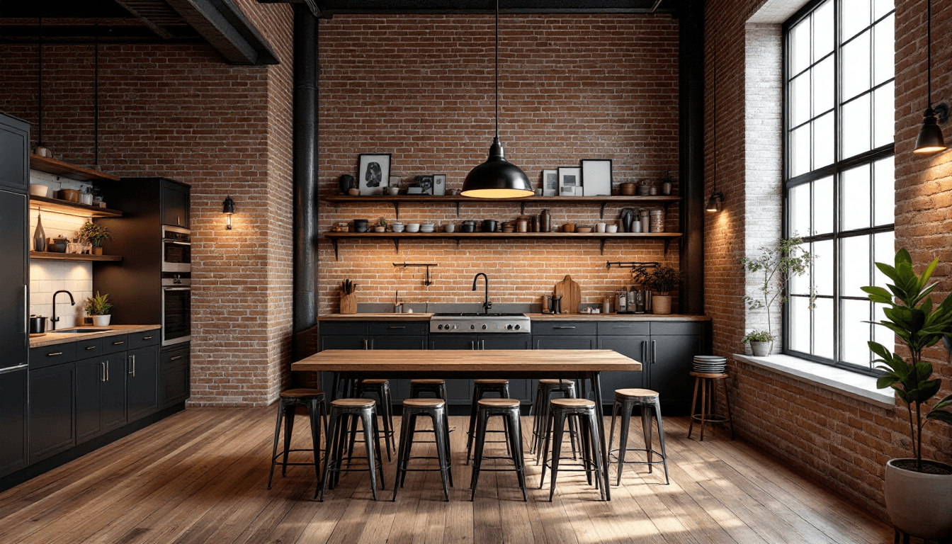 AI generated: 

Industrial loft kitchen, exposed brick walls,
rustic wooden dining table, metal bar stools, large ...