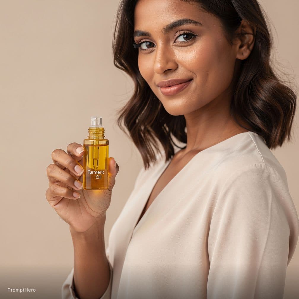 AI generated: an American woman holds a bottle of turmeric oil