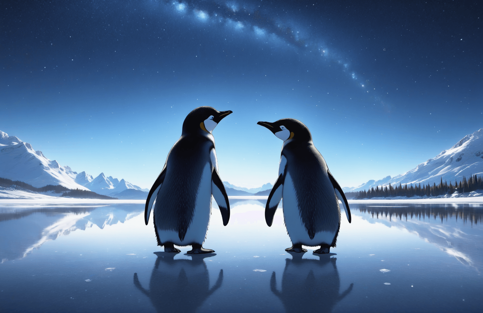 AI generated: pair of magical young baby penguins by a frozen lake, looking at the earth, reflection on lake, real...
