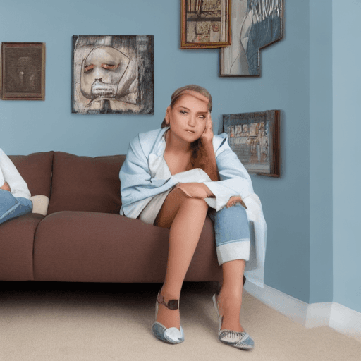 AI generated: Hyper realistic female blind blue eyes brown jacket jean shorts sitting on couch watching television...