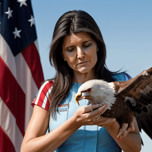 AI generated: nikki haley petting a large eagle with a red right wing, a blue left wing, vertical red and white st...