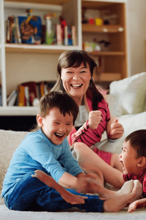 AI generated: draw children playing in the living room of their house and their mother laughing