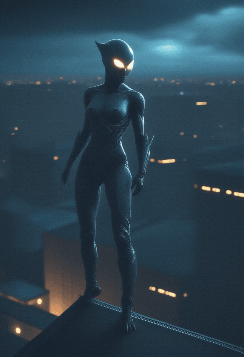 AI generated: Alien-themed Digital artwork,concept art,a female ninja,standing on rooftop with a dark dystopian ci...