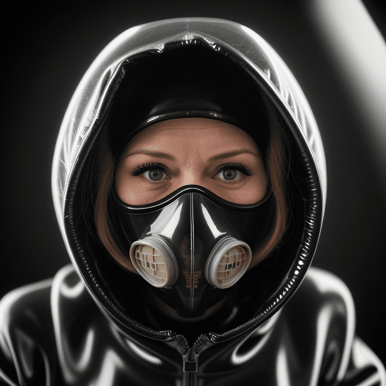AI generated: hyper realistic headshot photo of a 40 year old woman, wearing a latex gas mask, a latex suit with l...