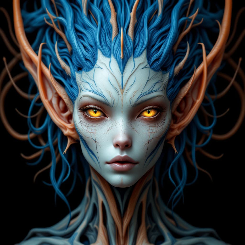 AI generated: alien with blue hair by theo el, in the style of balanced symmetry, light orange and cyan, detailed ...