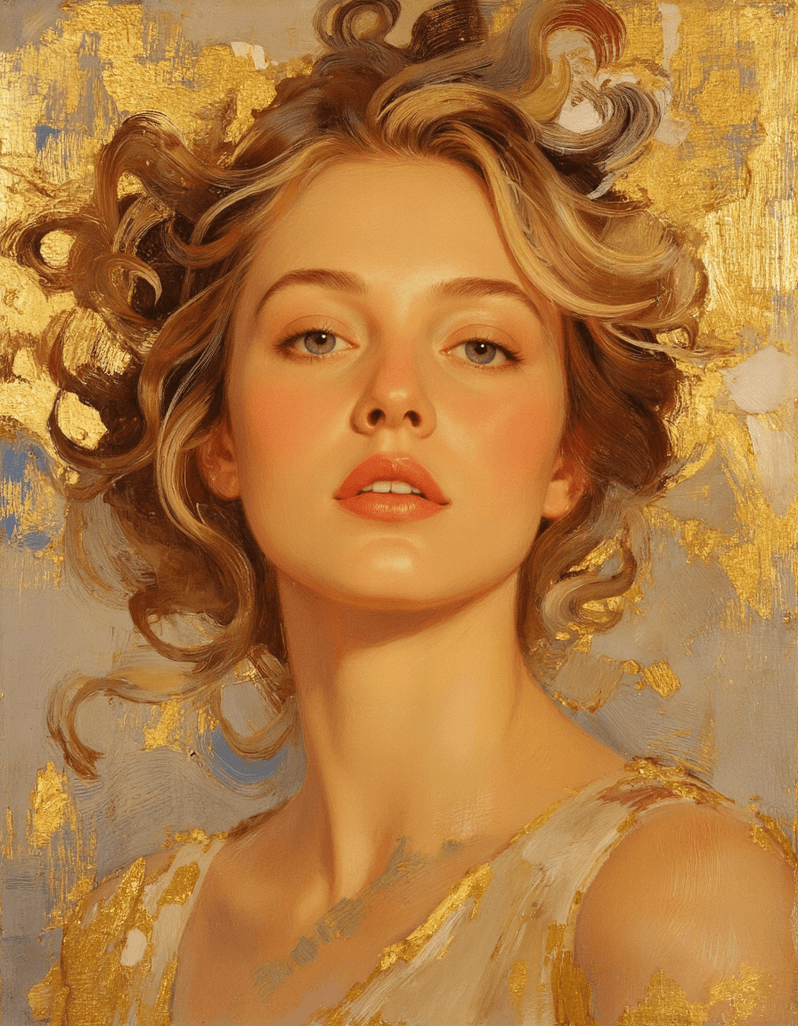 AI generated: a painting of a woman, in the style of brushstroke-intensive portraits, cinematic elegance, golden l...