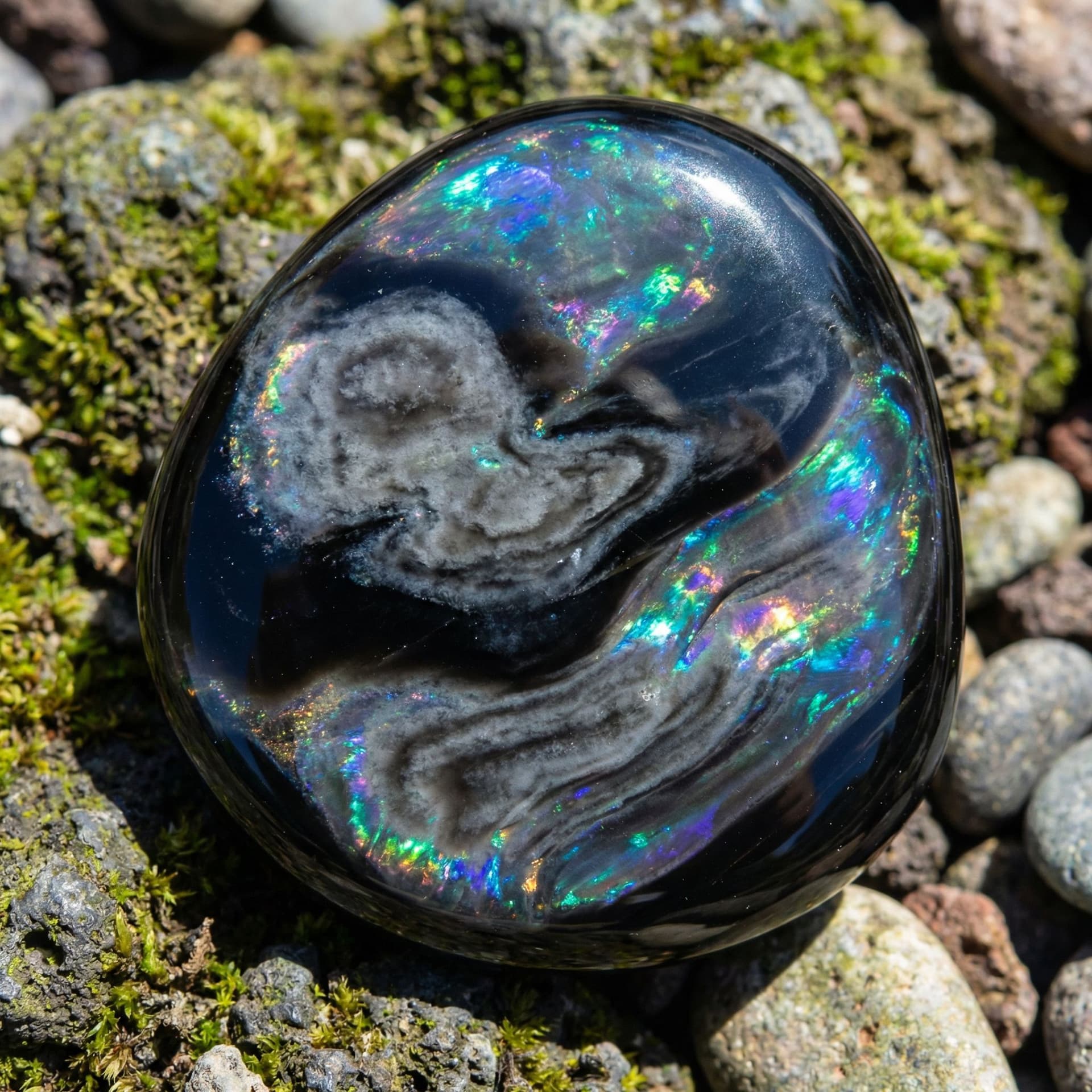 AI generated: Black obsidian with grey whips flowing through it like clouds and it has a shine like opal