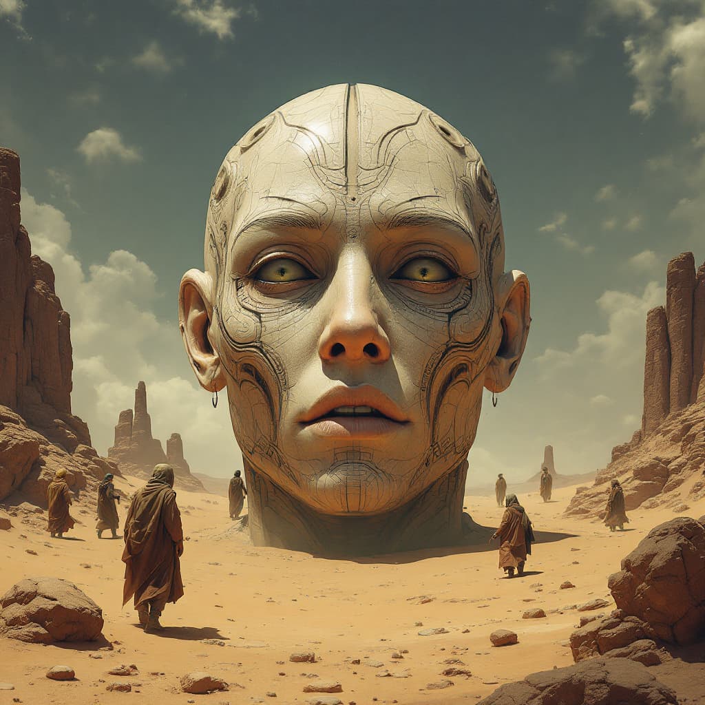 AI generated: large humanoid face with detailed and complex facial in the desert, a fantasy landscape in the style...