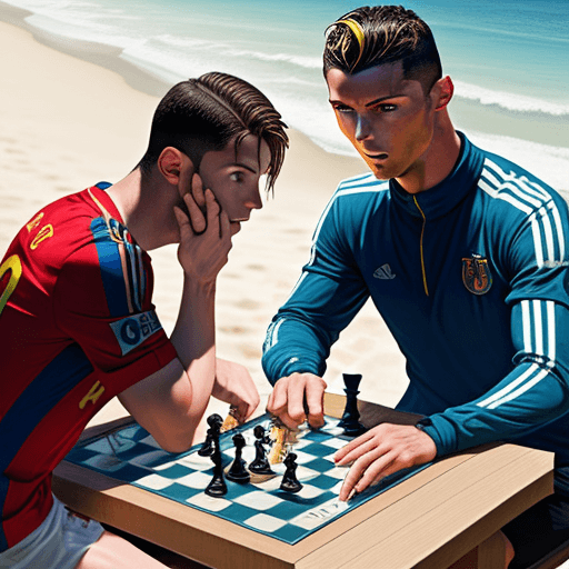 AI generated: Comic-like image of Messi and cristiano Ronaldo playing chess in a beach
