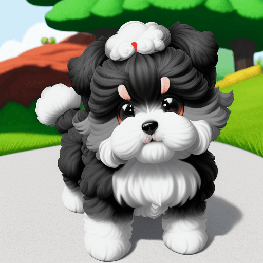 AI generated: A shih-poo puppy dog his fur colors are black, white, grey and he is playing in Yoshi Island with be...