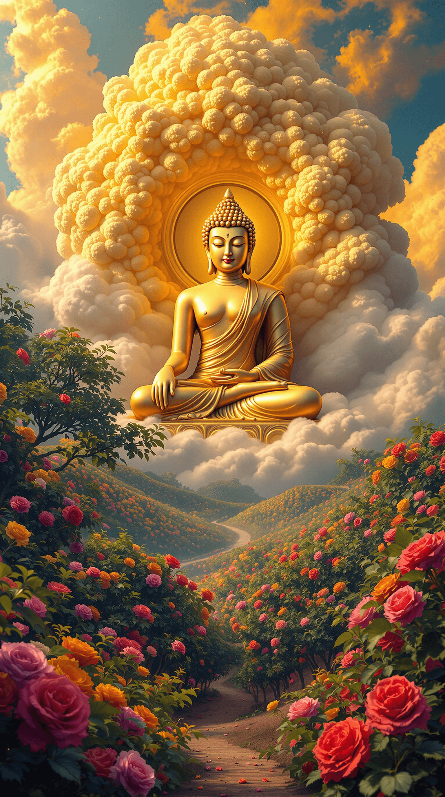AI generated: Golden Buddha in golden cloud surrounded in colorful orchards and roses. 8k, HDR,  vivid colors, mat...