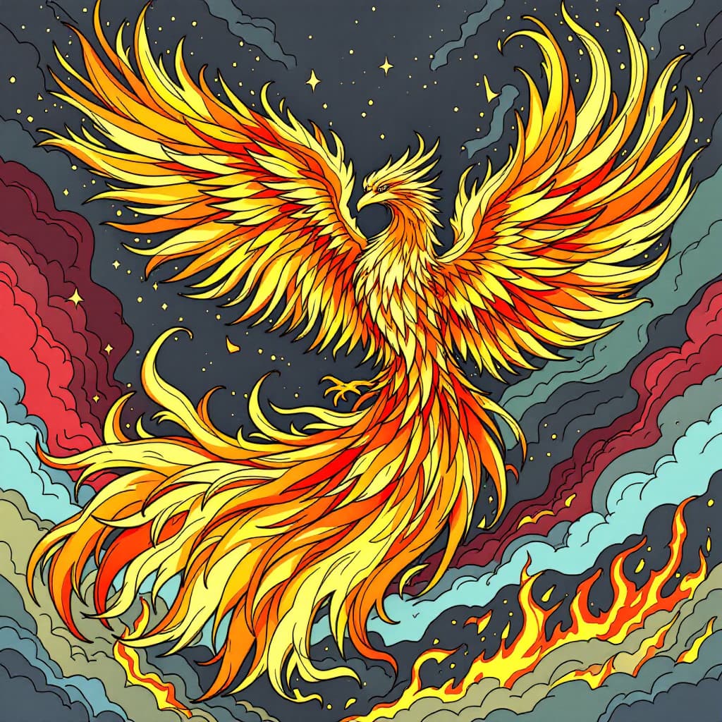 AI generated: Coloring book page,	A phoenix rising from the flames