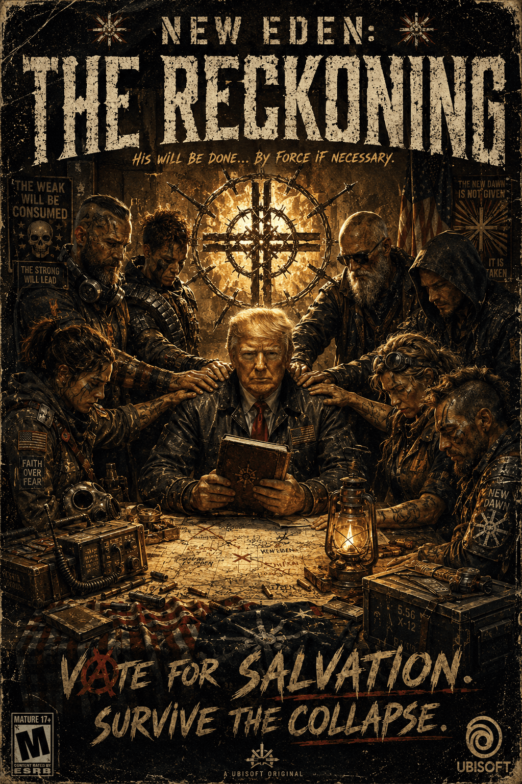 AI generated: Gritty Fictional Post-Apocalyptic Political Poster: "THE LAYING OF THE HANDS" (FAR CRY Style) Scene ...
