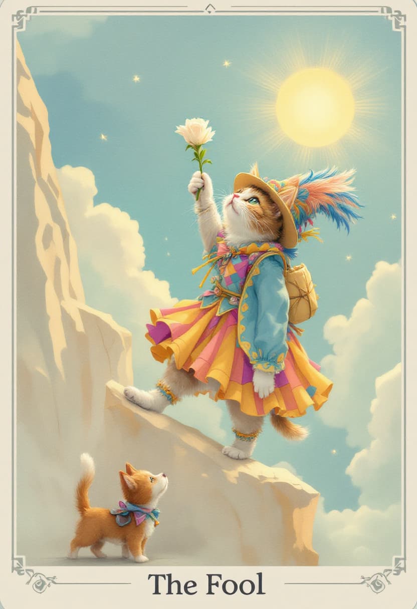 AI generated: Tarot card featuring "The Fool" cat version in pastel colors: an elegant cat dressed in colorful, wh...
