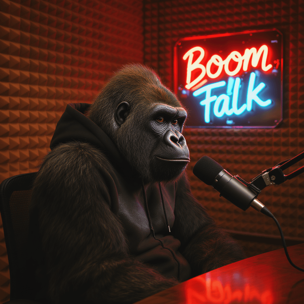 AI generated: ultra-realistic Gorilla in a podcast booth, hoodie on, leaning toward a podcast microphone, low warm...