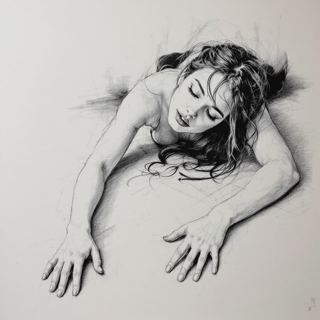 AI generated: a woman laying on the floor with her hands on the floor, drawing, sketch, pencil drawing, smudges