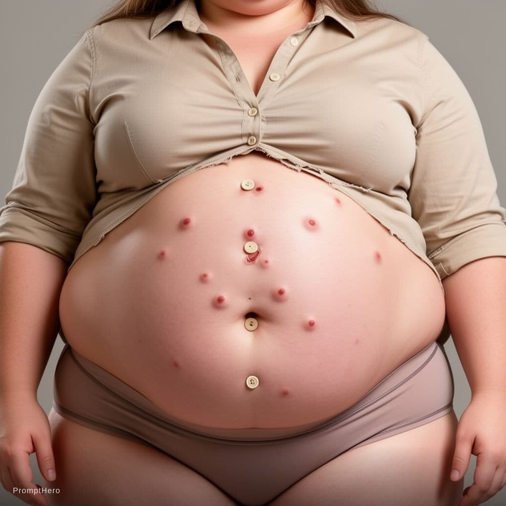 AI generated: a super fat woman with a tight buttoned up shirt on and her belly begins to inflate until the button...