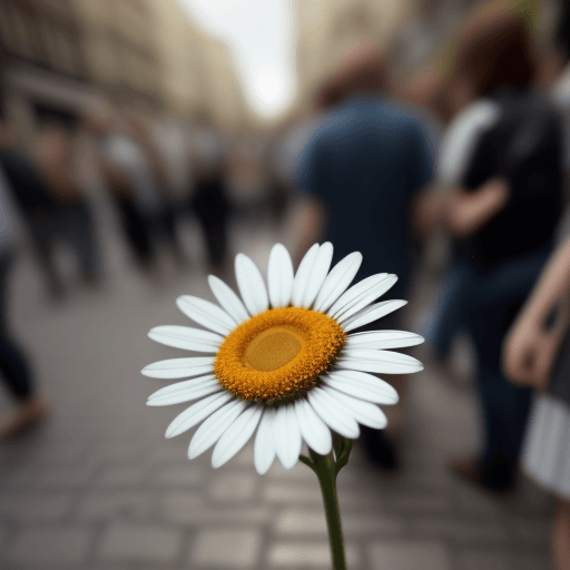 AI generated: close-up photo of a tiny daisy breaking through conscrete on a crowded street