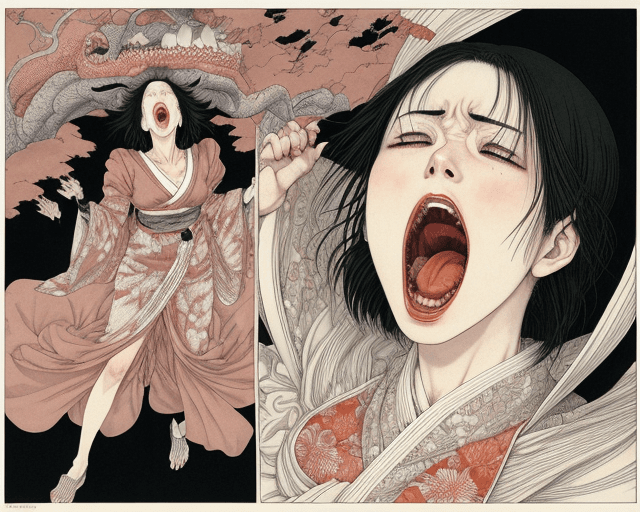 AI generated: a woman screaming, artwork by Takato Yamamoto and Chika Yamada, very detailed, realistic anatomy, fu...
