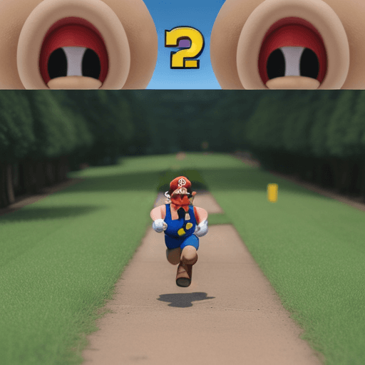 AI generated: Super-Mario running, Mushroom Kingdom background, 32k, closeup, trending on poltcount 3D, game --v 5...
