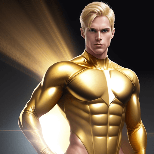 AI generated: male superhero named champion blond hair, skin tight gold suit without logo
