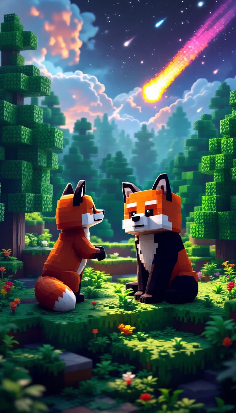 AI generated: a minecraft world with all minecraft animals, fox and panda, minecraft trees, nightsky in the backgr...