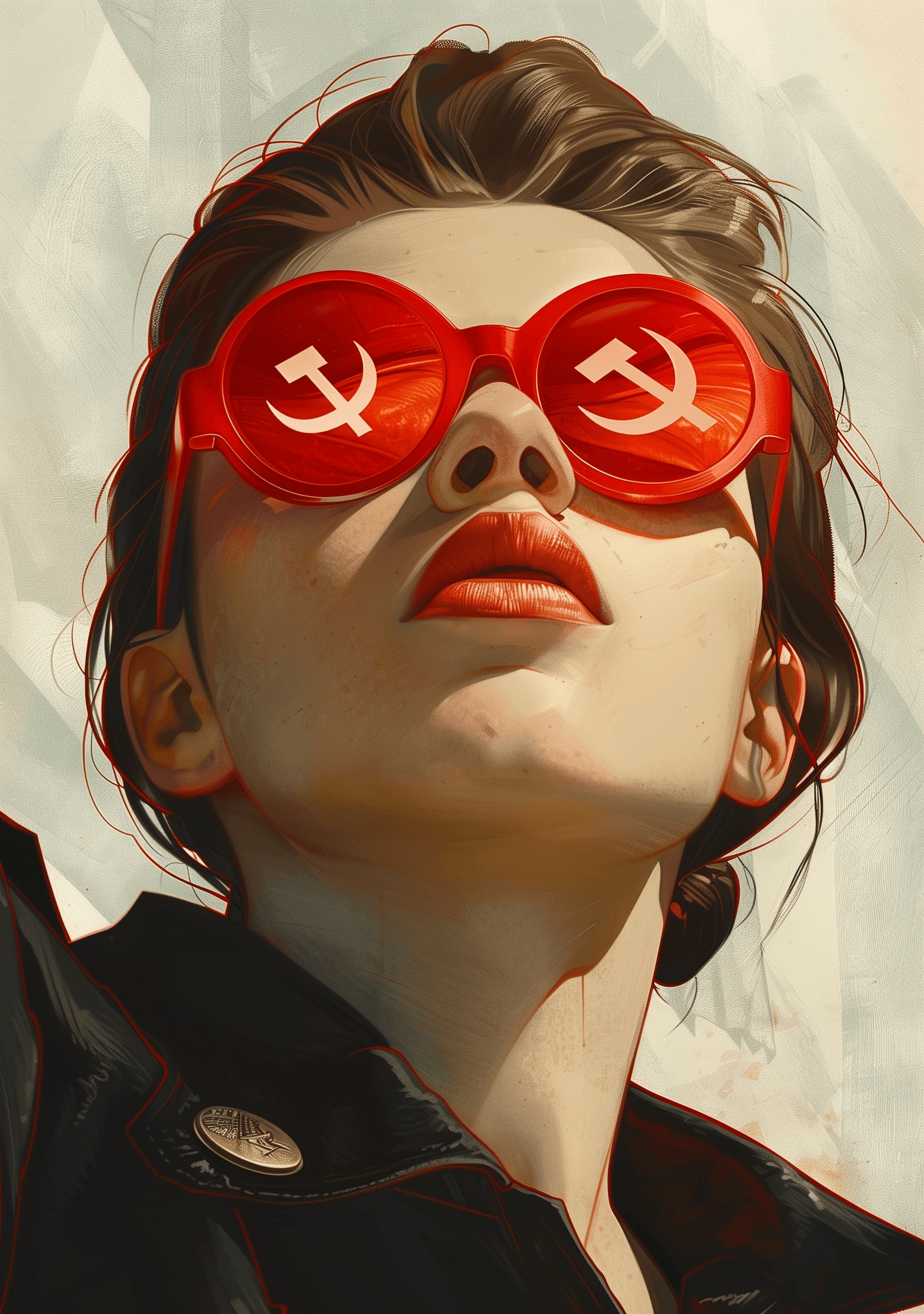 AI generated: A woman with red glasses that have the hammer and sickle symbol in them, in the style of Alex Ross. ...