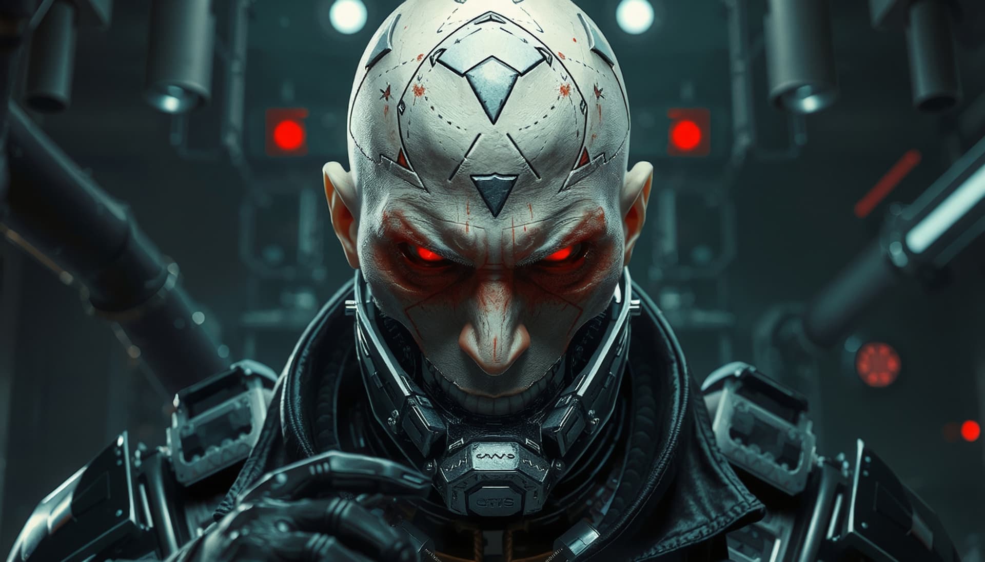AI generated: cyberpunk world, cyberpsychosis of Adam Smasher (((angry, big ,bald , wide face, back half metalic w...