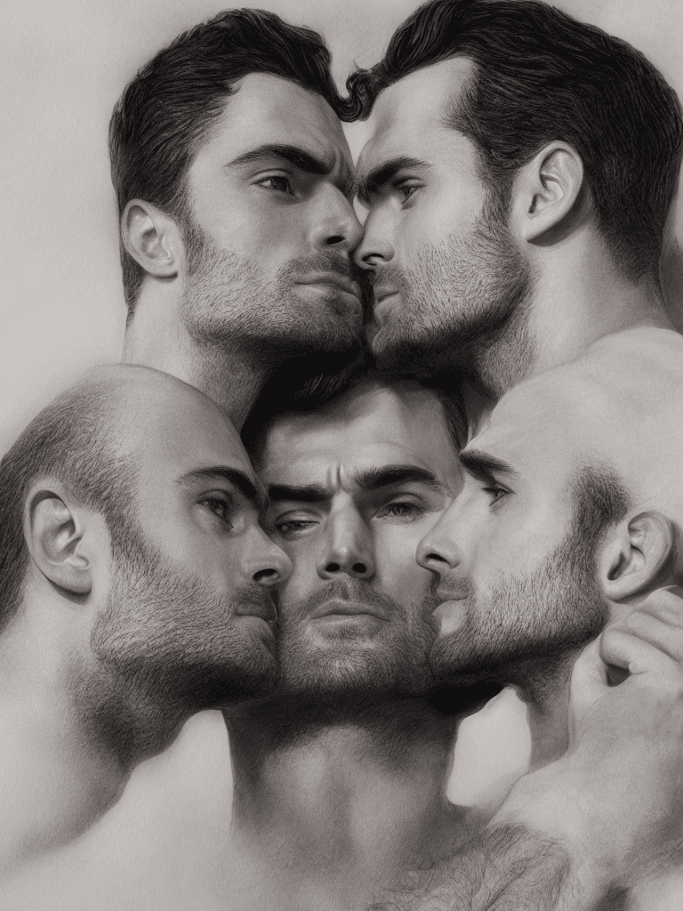 AI generated: Homosexual Henry Cavill and Chris Evans, (in the open erotic HOODED SUIT), kissing each other, detai...