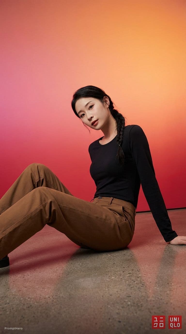 AI generated: wide and low angle, cinematic, fashion photography for the brand Uniqlo. Woman sitting on floor wear...
