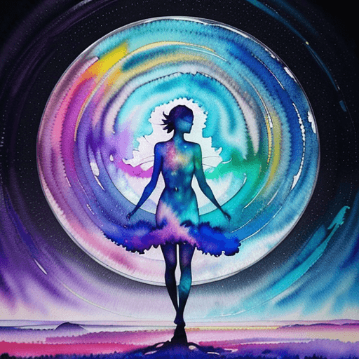 AI generated: Oil painting, Full body shot, person walking in an astral realm, magic background, crepescule, Beaut...