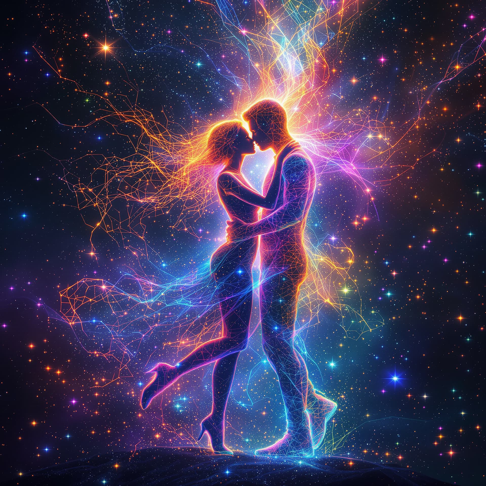 AI generated: Psychedelic, deep color. A surreal representation of existence as pure energy, showing a female and ...