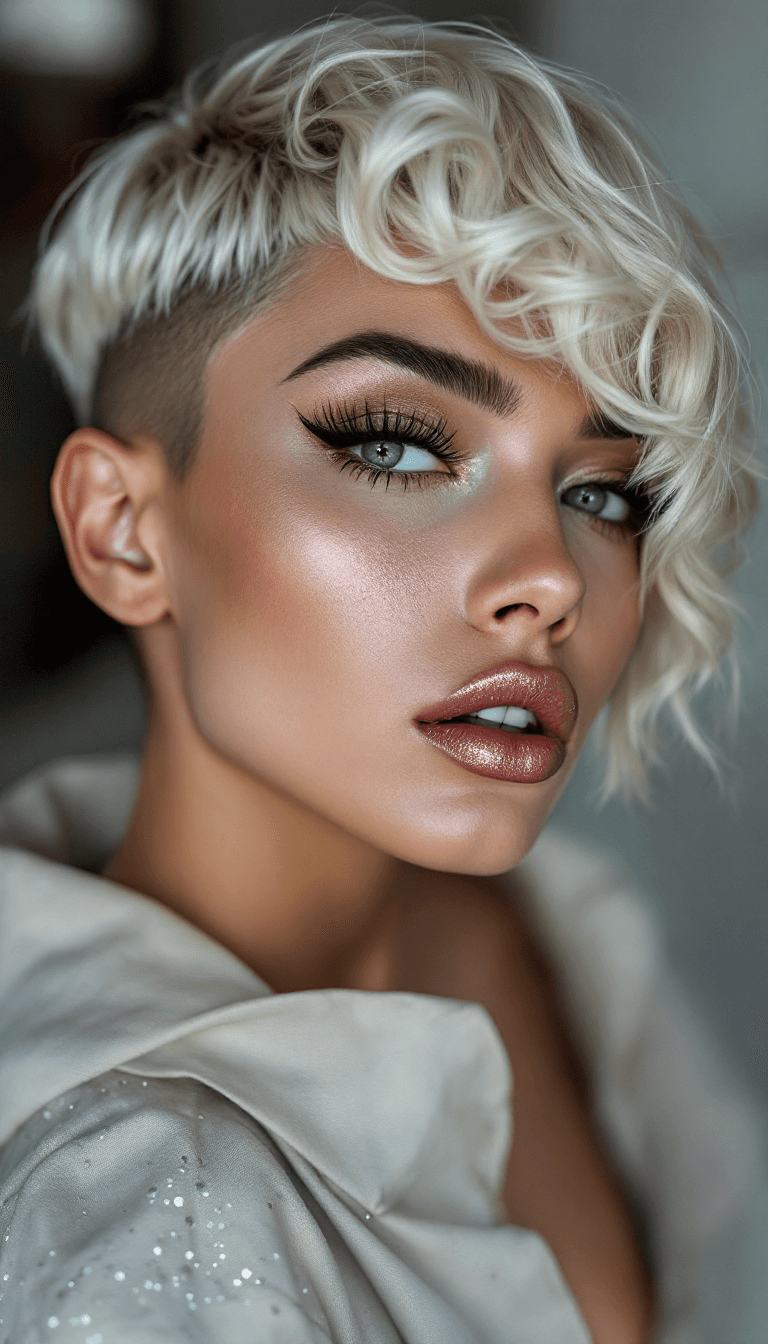 AI generated: a beautiful model with an avant-garde wavy haircut, she is looking into the camera, winged eyeliner,...