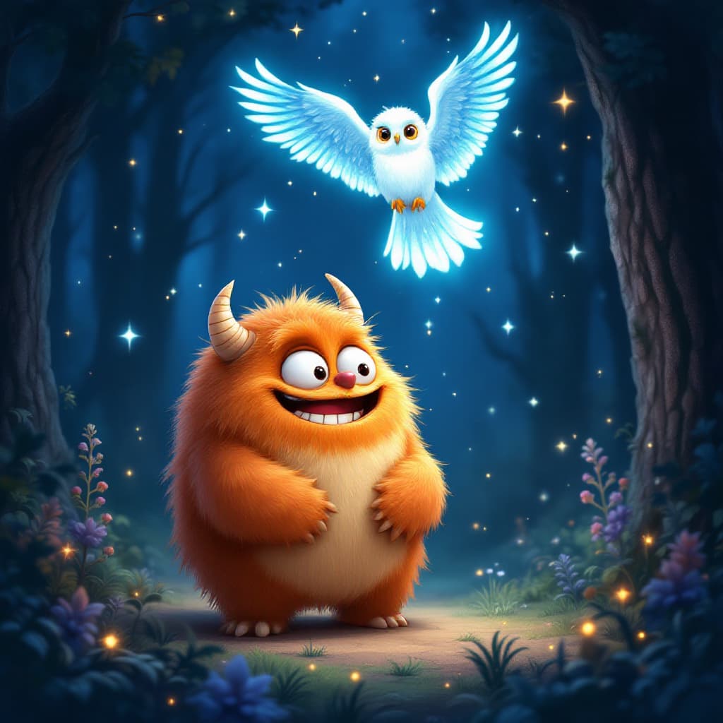 AI generated: A magical nighttime scene in an enchanted forest. A friendly, fluffy orange monster with a round, ch...