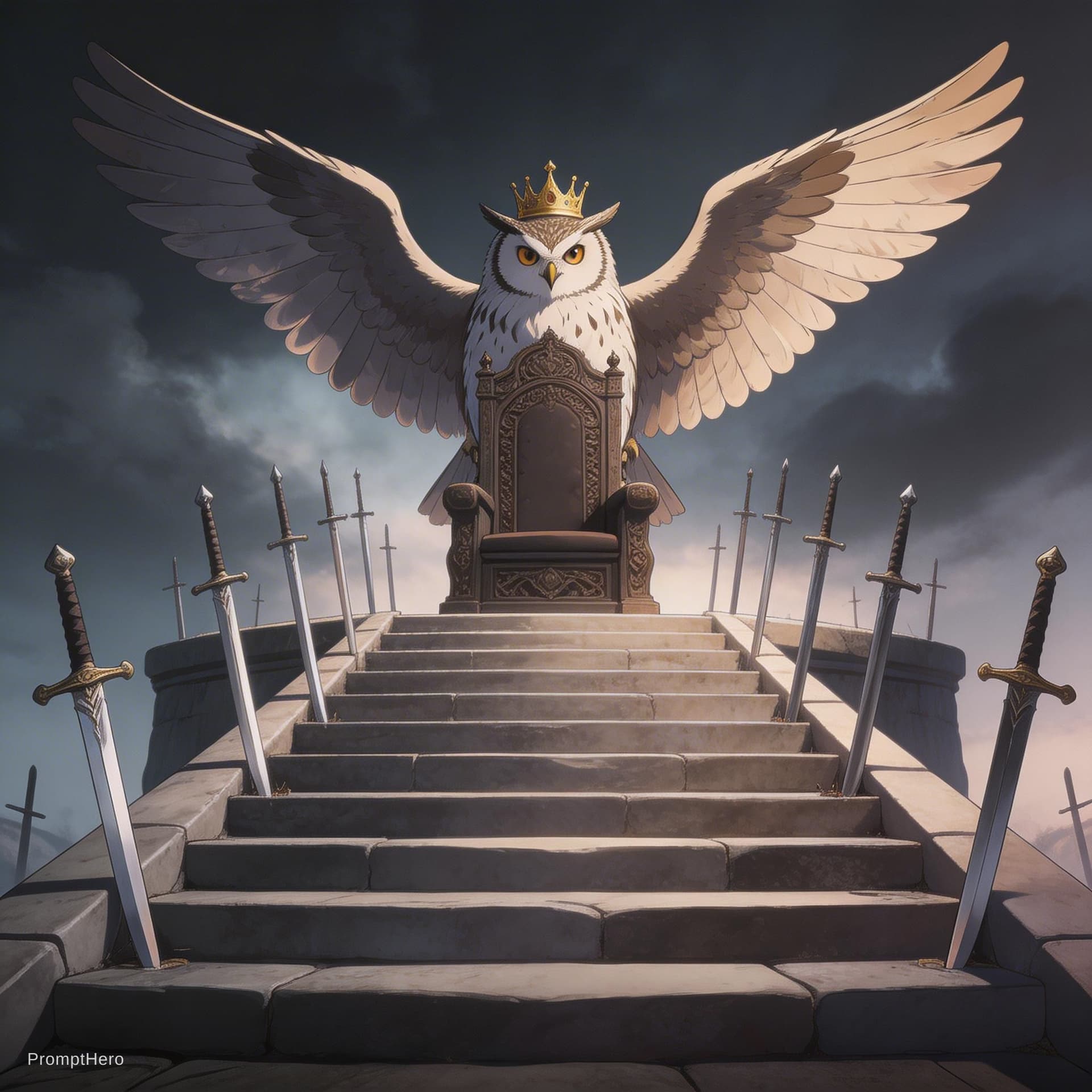 AI generated: Create A throne surrounded by many swords,The throne is empty,at the top of the stairs,empty,Swords ...