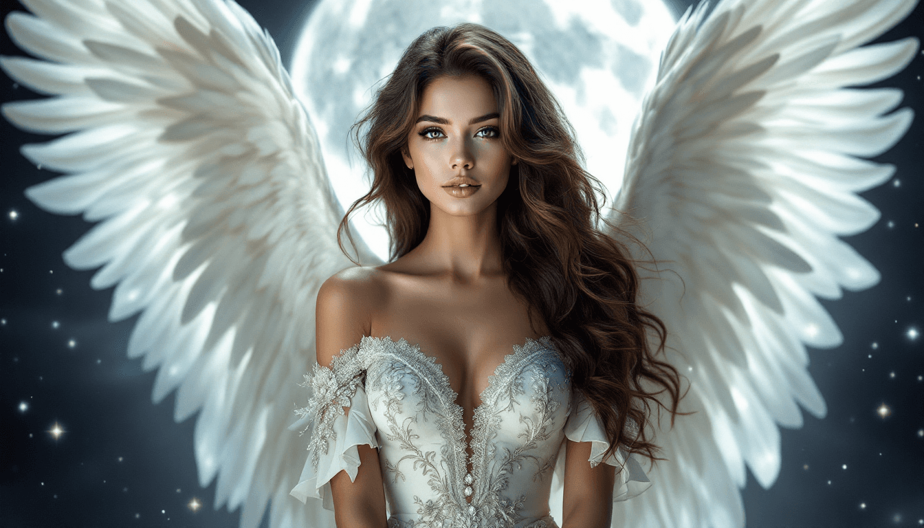 AI generated: Ultra-high resolution, Hyper-detailed celestial portrait, A stunning angel with flowing wavy brown h...