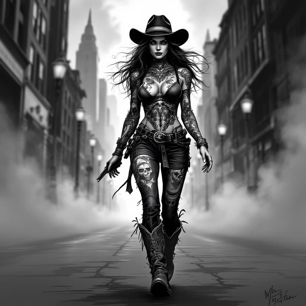 AI generated: Create a detailed digital drawing of an urban cowgirl in a dynamic full-body pose, walking confident...