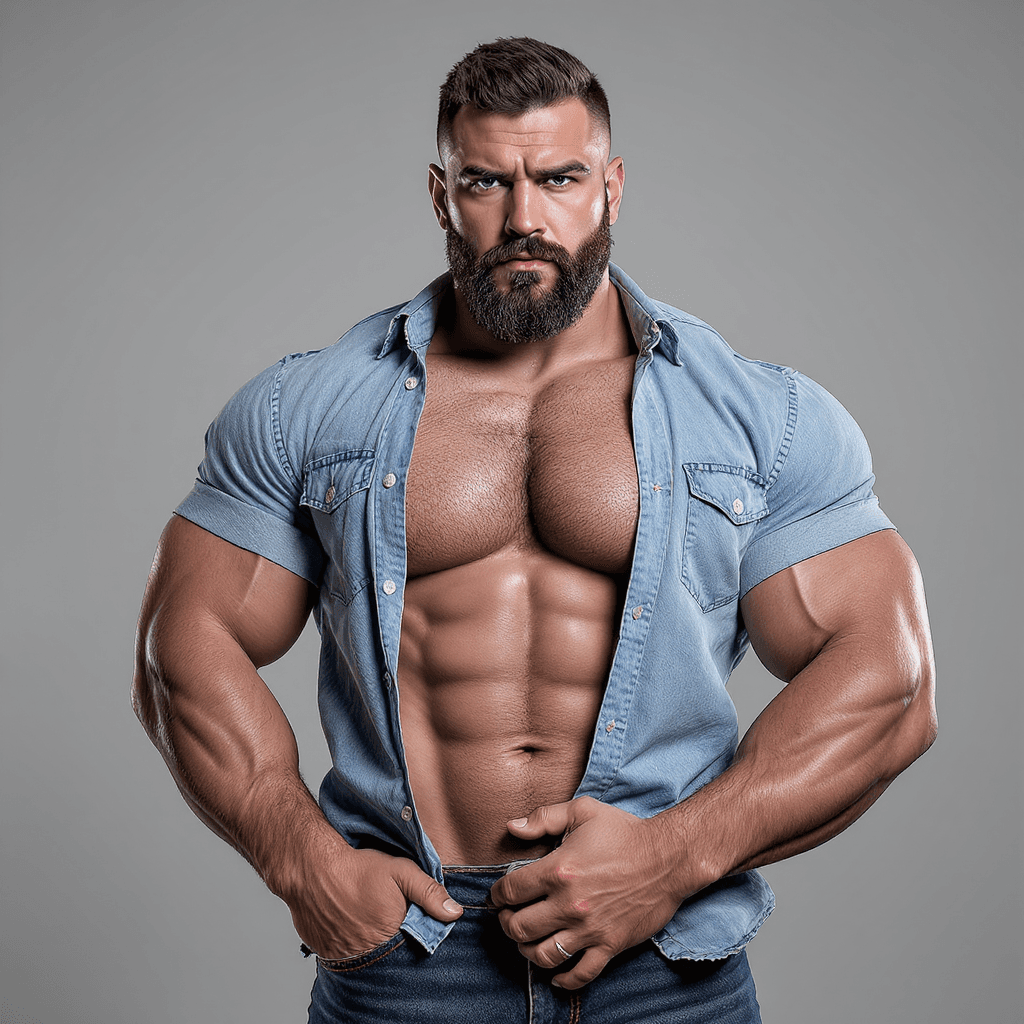 AI generated: Un homme mûr, viril et musclé, photographié en studio en 2025 avec un iPhone haut de gamme. Il porte...