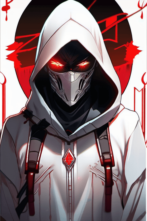AI generated: anime artwork face portrait of an assassin, in an all white hood and ragged all white clothes, with ...