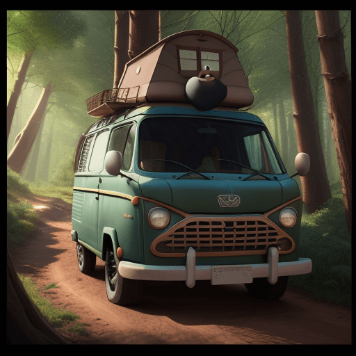 AI generated: Pixar disney poster 4k with van vanagon into the woods with men long beard