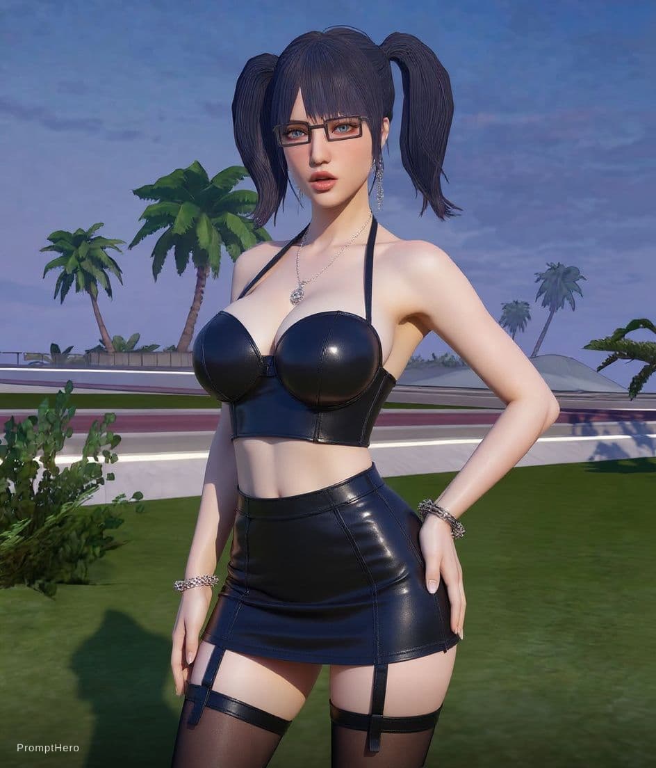 AI generated:  Bandeau crop top and short skirt with stockings and thigh-high garters 