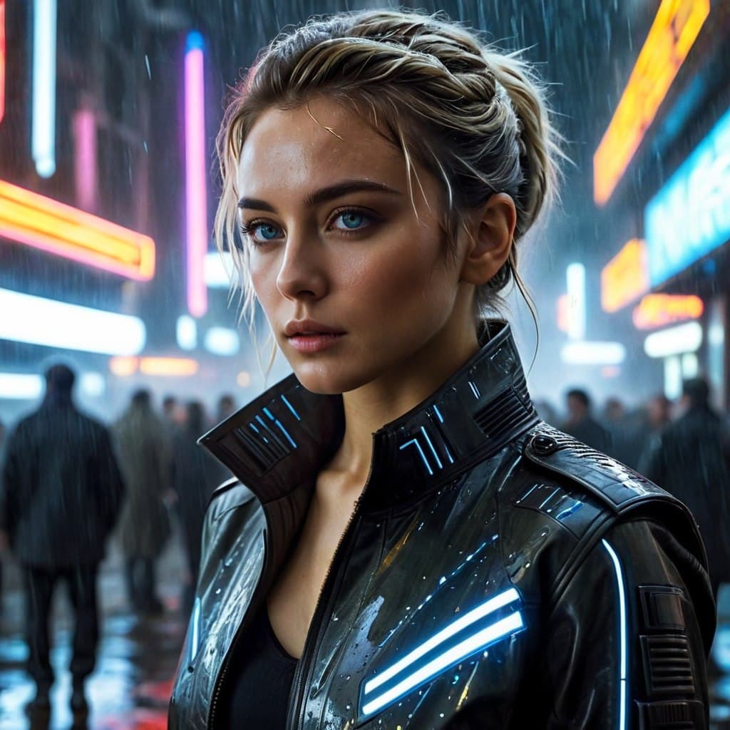 AI generated: epic realistic, a detailed portrait of European Pretty Young Girl Storm Rain movie Jacket coat, Futu...